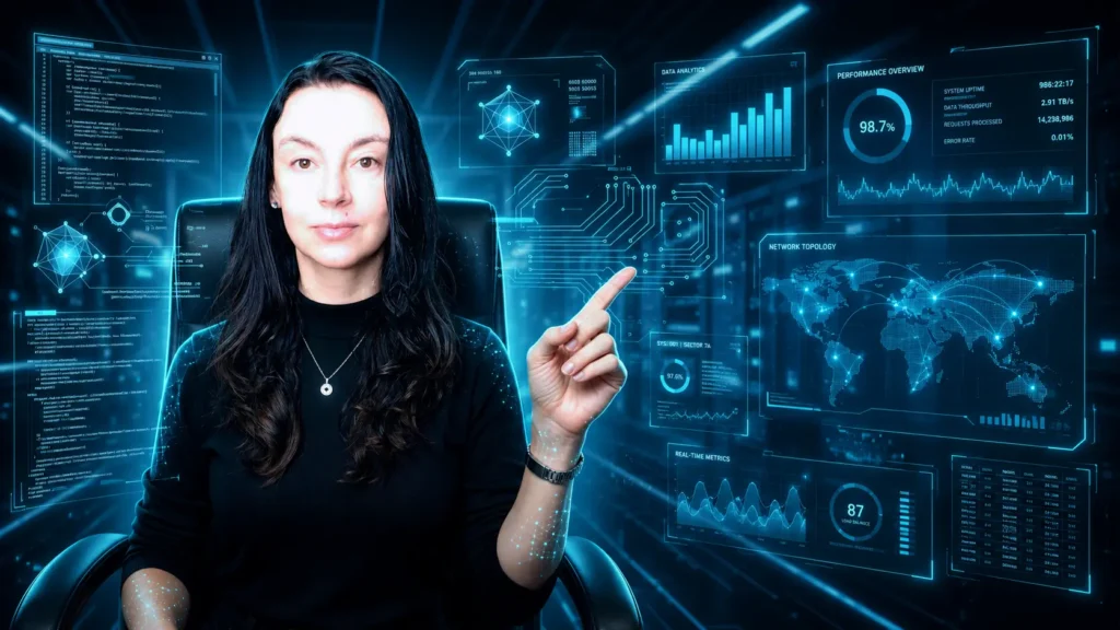 Andrea Rubio frente a una interfaz holográfica de inteligencia artificial, datos y negocios digitales.