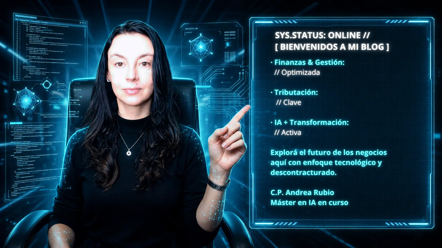 Andrea Rubio @soyandrearubio, Contadora Pública especialista en Inteligencia Artificial y gestión empresarial, presentando el blog de consultoría digital.